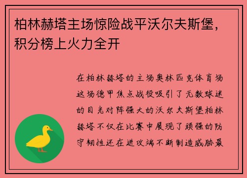 柏林赫塔主场惊险战平沃尔夫斯堡，积分榜上火力全开