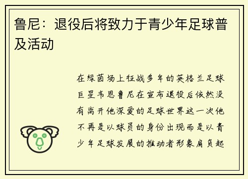 鲁尼：退役后将致力于青少年足球普及活动